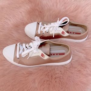 Authentic Prada Lace-up Two-Tone Sneakers in Nude Satin with White - Size 38